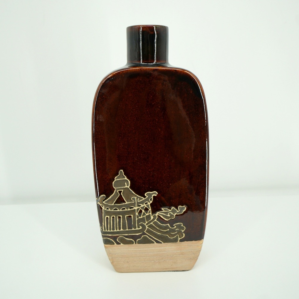 Pier 1 Imports Pagoda Vase Large Brown Ceramic Chinoiserie‎ Asian Modern Decor